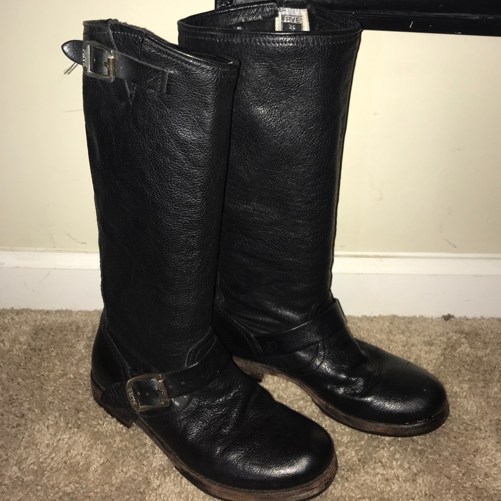 Frye Black Leather Combat Moto Boots